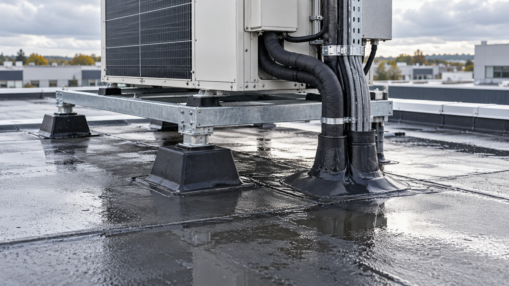 Étanchéité autour d’un équipement installé en toiture Équipement de climatisation sur une toiture terrasse humide, avec supports et passages de câbles à contrôler.