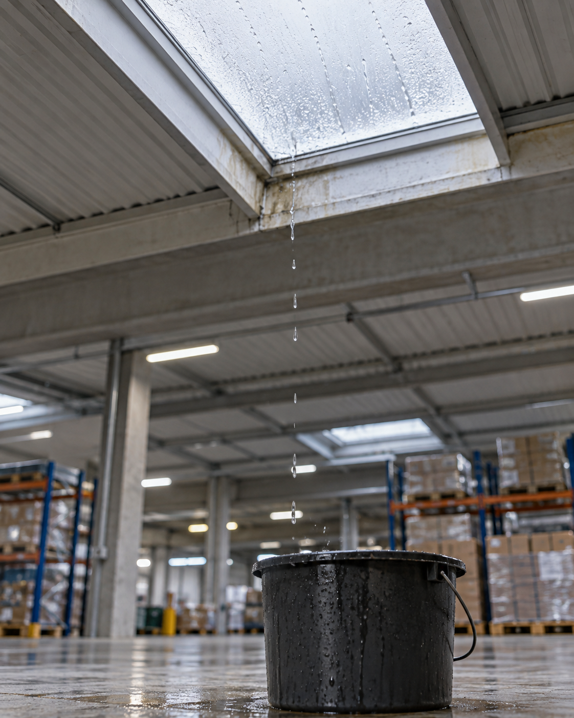 Infiltration d’eau sous un lanterneau d’entrepôt Des gouttes tombent près d’un lanterneau dans un seau placé à l’intérieur d’un entrepôt.