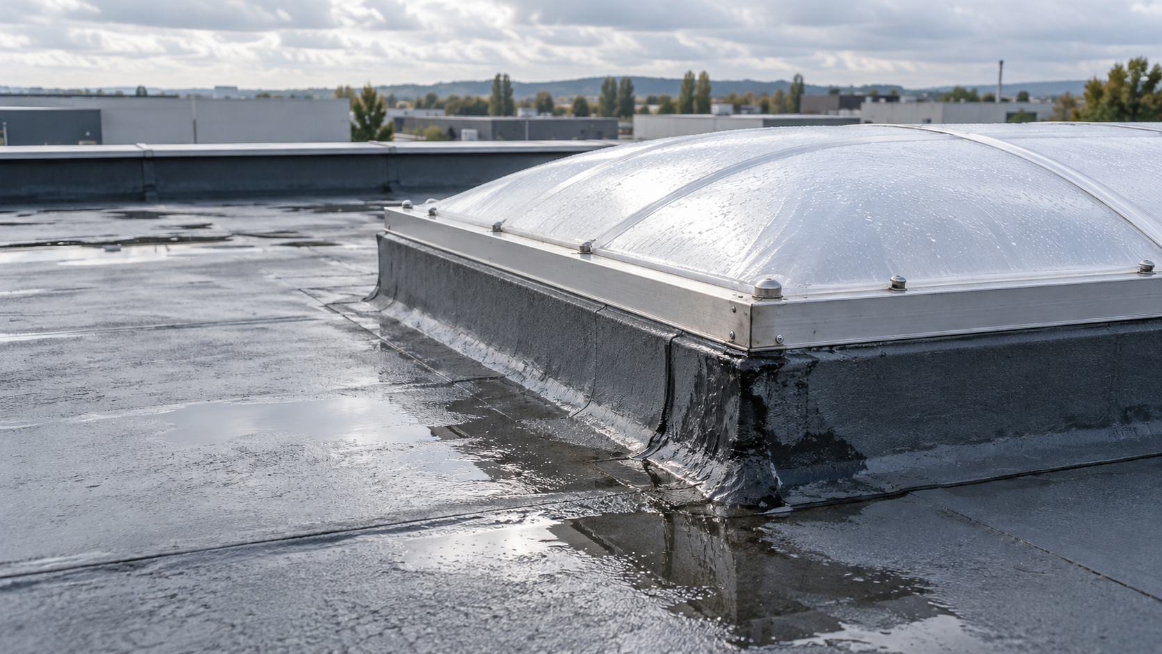 Lanterneau sur une toiture industrielle après la pluie Lanterneau sur une toiture industrielle humide, avec de l’eau près de la costière.